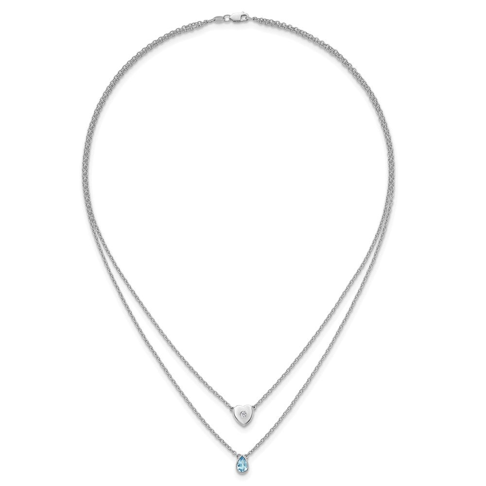 SS RH Plated White Ice .05 Dia and Blue Topaz 2-Strand Heart Necklace