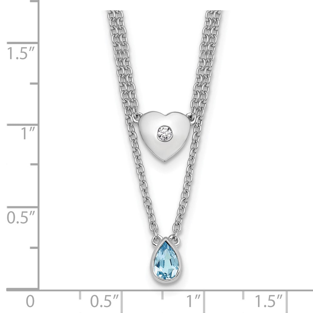SS RH Plated White Ice .05 Dia and Blue Topaz 2-Strand Heart Necklace