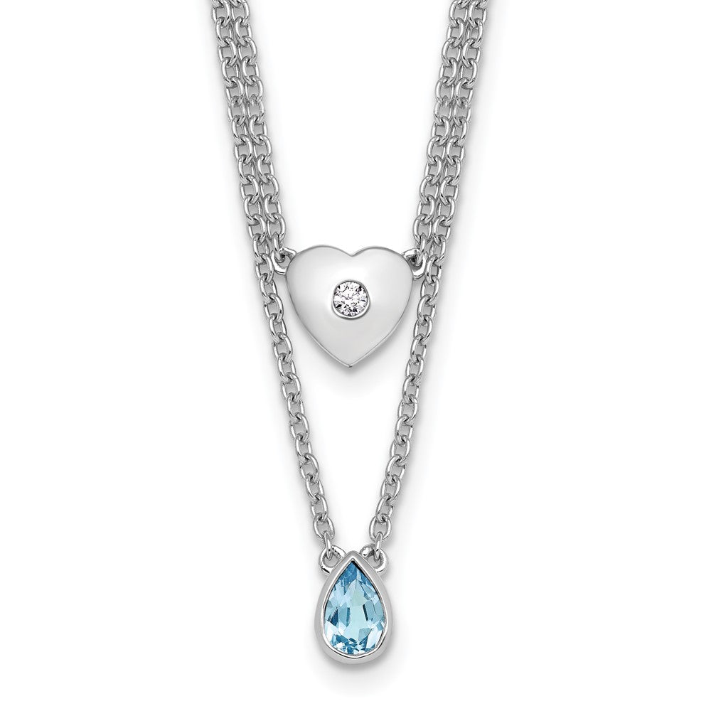 SS RH Plated White Ice .05 Dia and Blue Topaz 2-Strand Heart Necklace