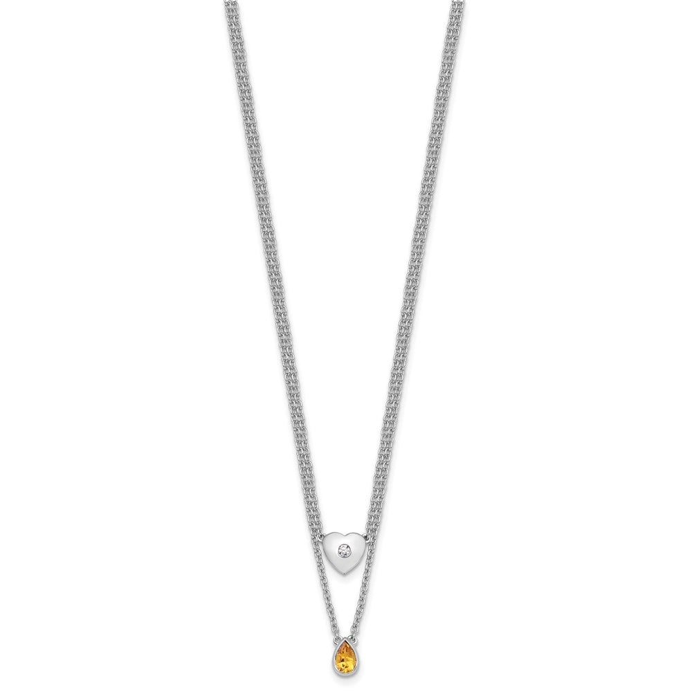 SS RH Plated White Ice .05 Dia and Citrine 2-Strand Heart Necklace