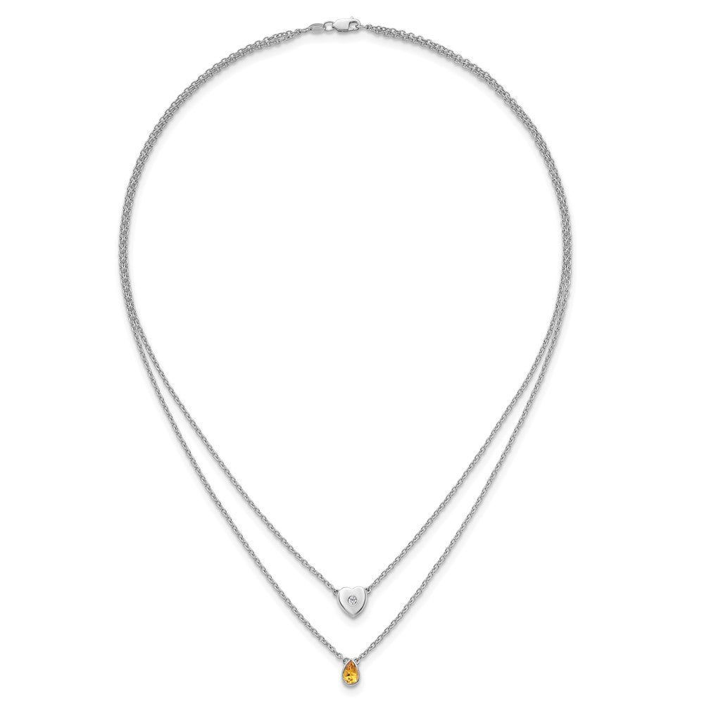 SS RH Plated White Ice .05 Dia and Citrine 2-Strand Heart Necklace