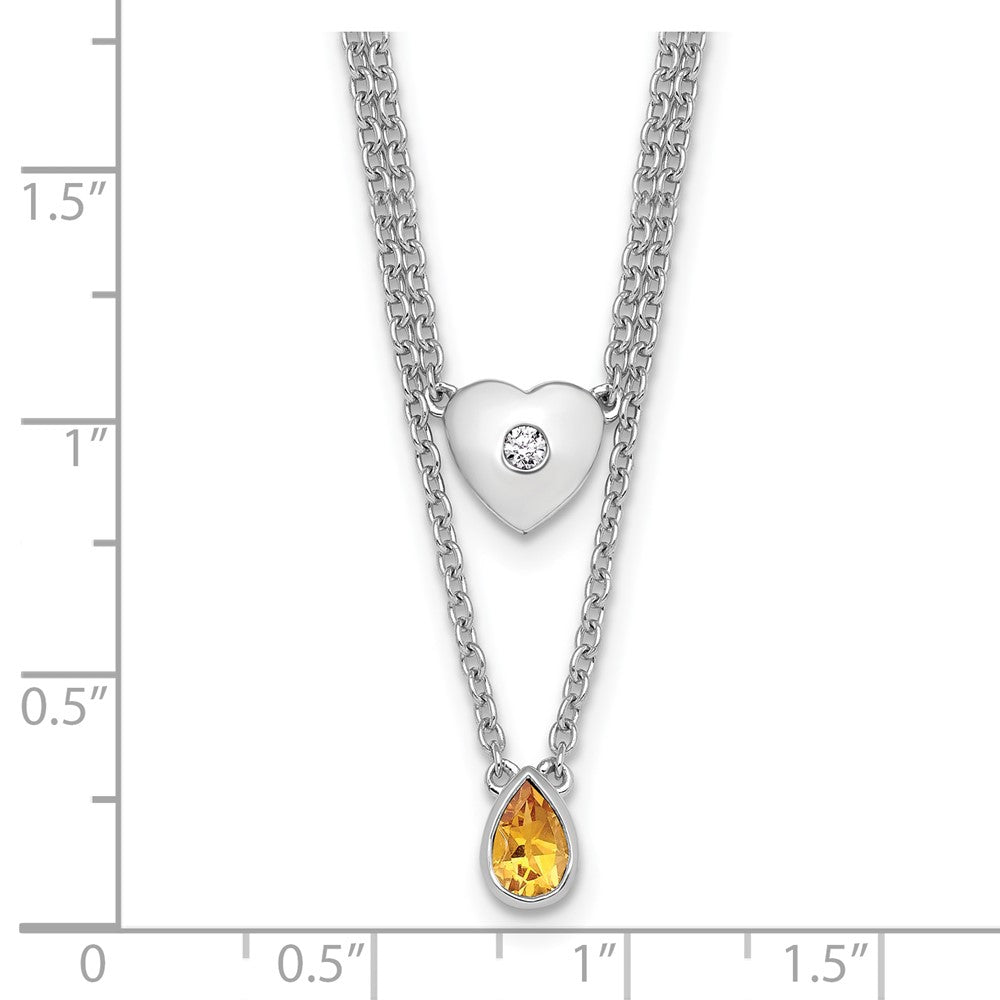 SS RH Plated White Ice .05 Dia and Citrine 2-Strand Heart Necklace