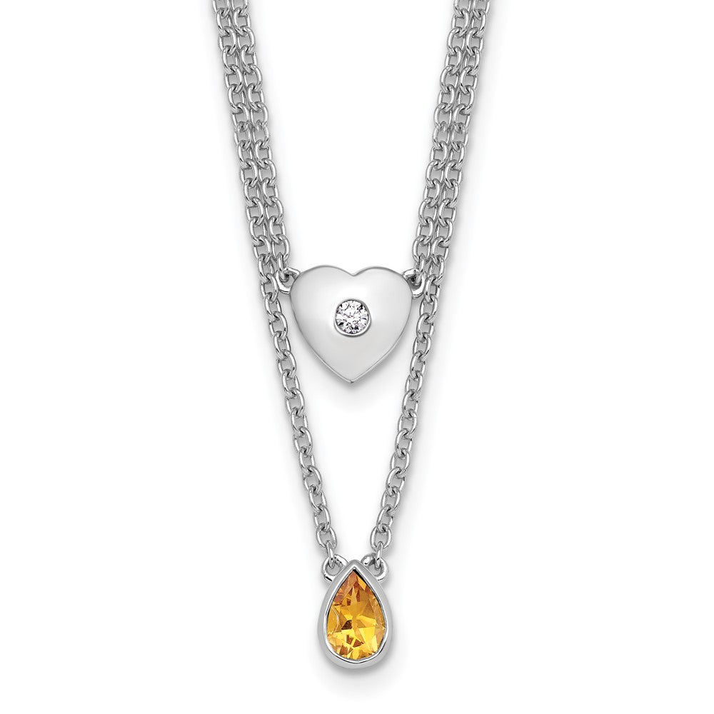 SS RH Plated White Ice .05 Dia and Citrine 2-Strand Heart Necklace