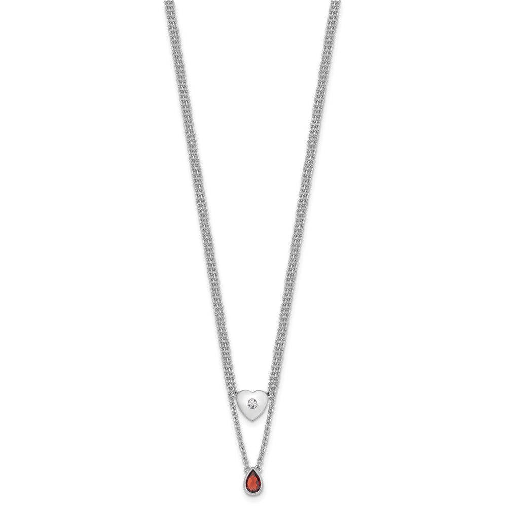SS RH Plated White Ice .05 Dia and Garnet 2-Strand Heart Necklace