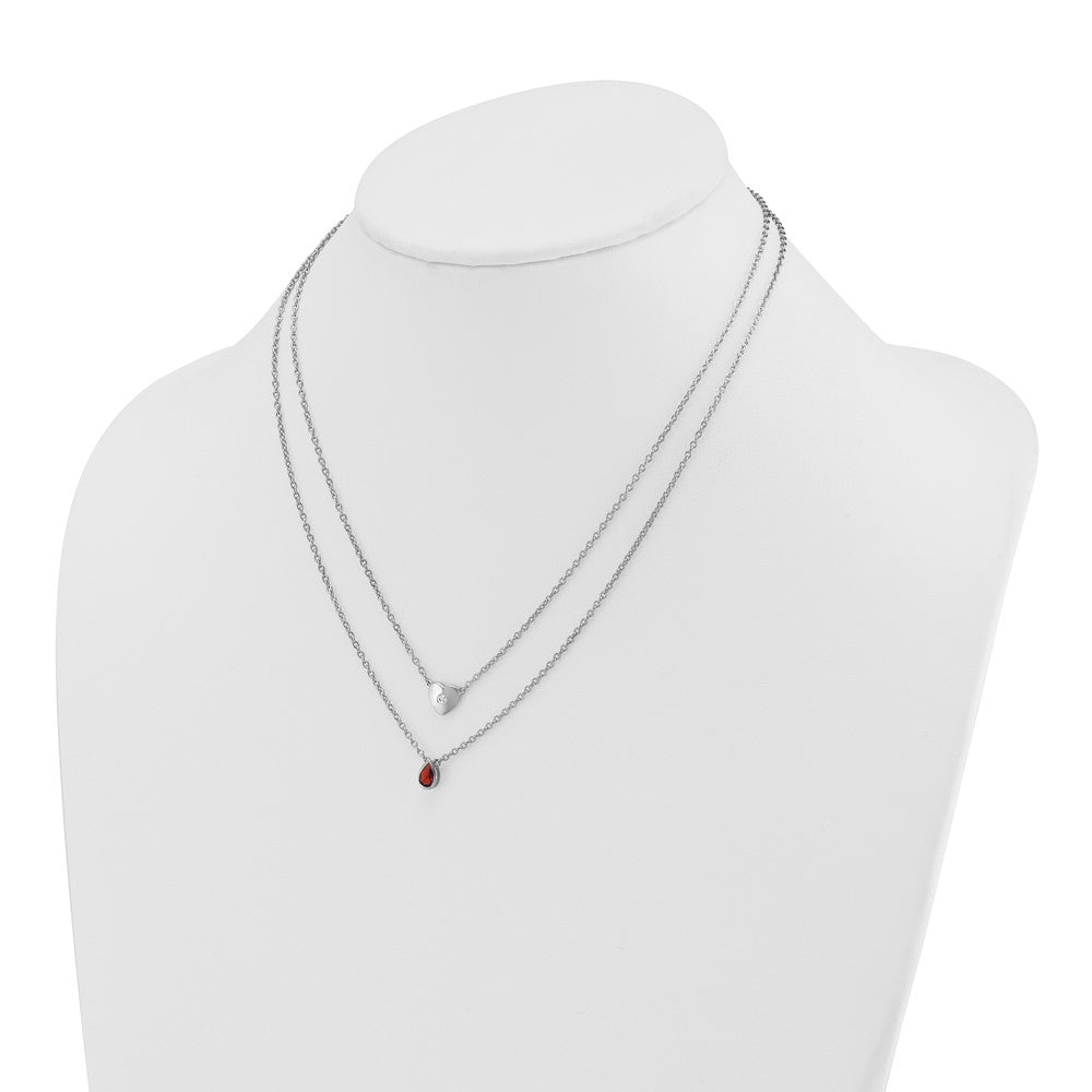 SS RH Plated White Ice .05 Dia and Garnet 2-Strand Heart Necklace