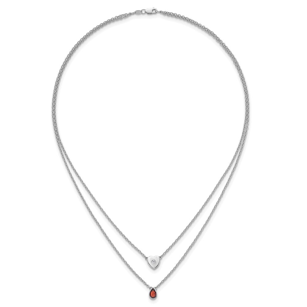 SS RH Plated White Ice .05 Dia and Garnet 2-Strand Heart Necklace