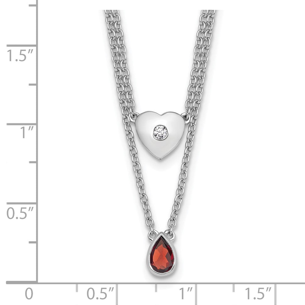 SS RH Plated White Ice .05 Dia and Garnet 2-Strand Heart Necklace