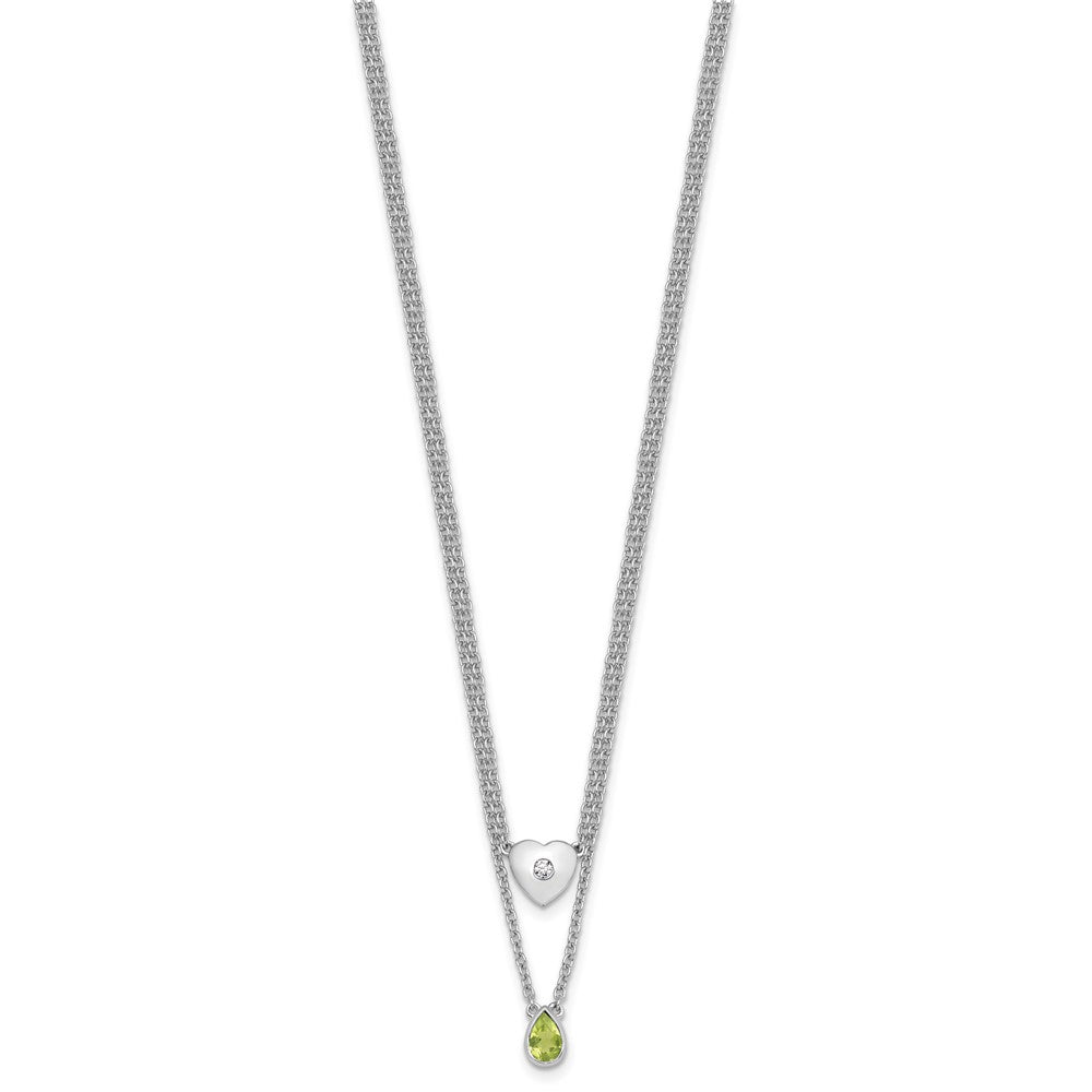 SS RH Plated White Ice .05 Dia and Peridot 2-Strand Heart Necklace
