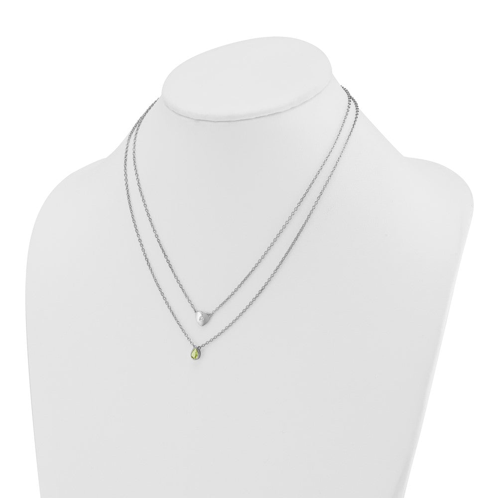 SS RH Plated White Ice .05 Dia and Peridot 2-Strand Heart Necklace