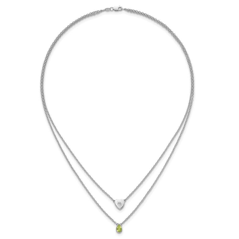 SS RH Plated White Ice .05 Dia and Peridot 2-Strand Heart Necklace