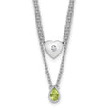 SS RH Plated White Ice .05 Dia and Peridot 2-Strand Heart Necklace