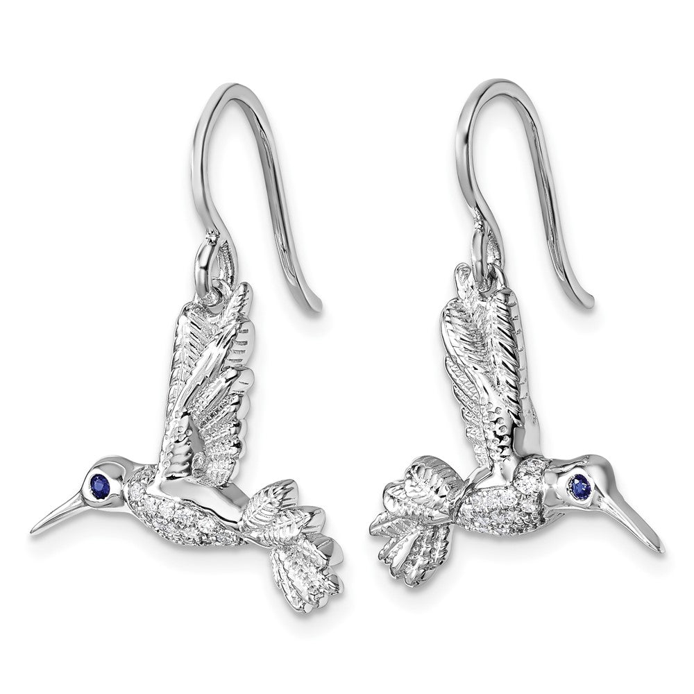 SS RH Plated White Ice .01 Dia and Sapphire Hummingbird Earrings