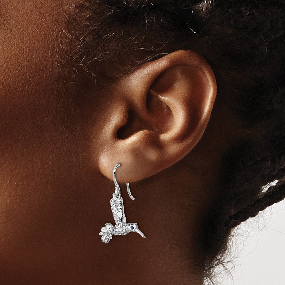 SS RH Plated White Ice .01 Dia and Sapphire Hummingbird Earrings