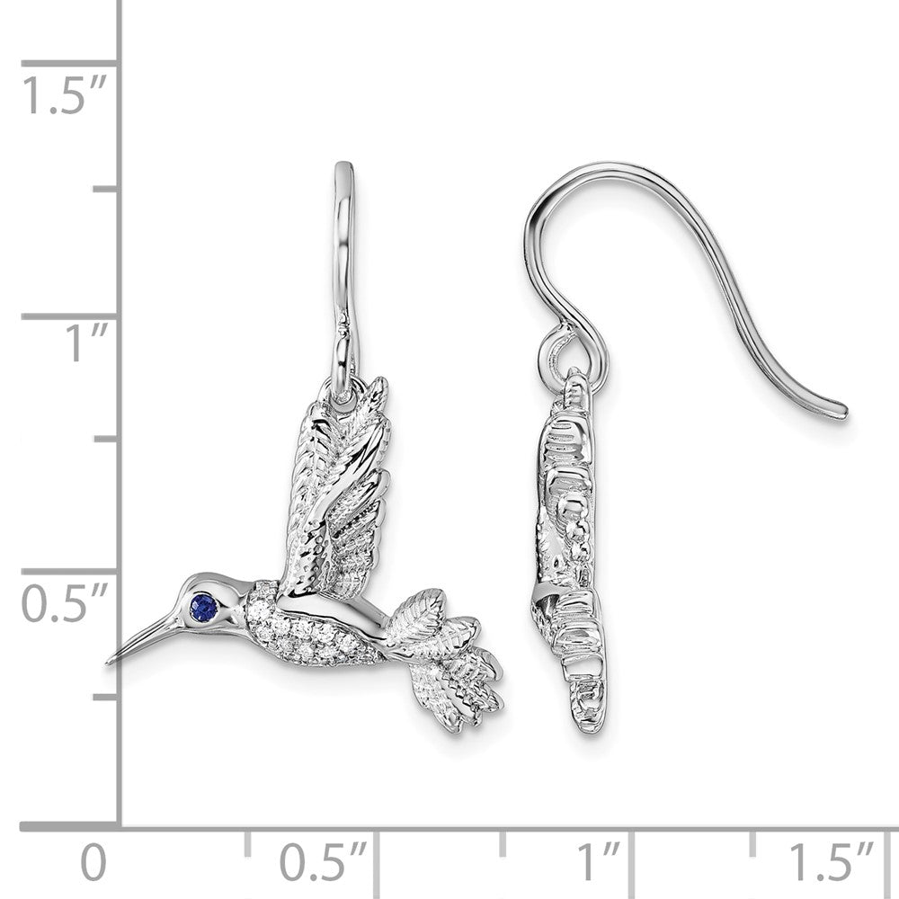 SS RH Plated White Ice .01 Dia and Sapphire Hummingbird Earrings