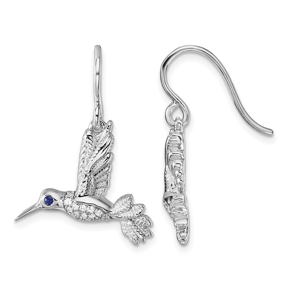 SS RH Plated White Ice .01 Dia and Sapphire Hummingbird Earrings