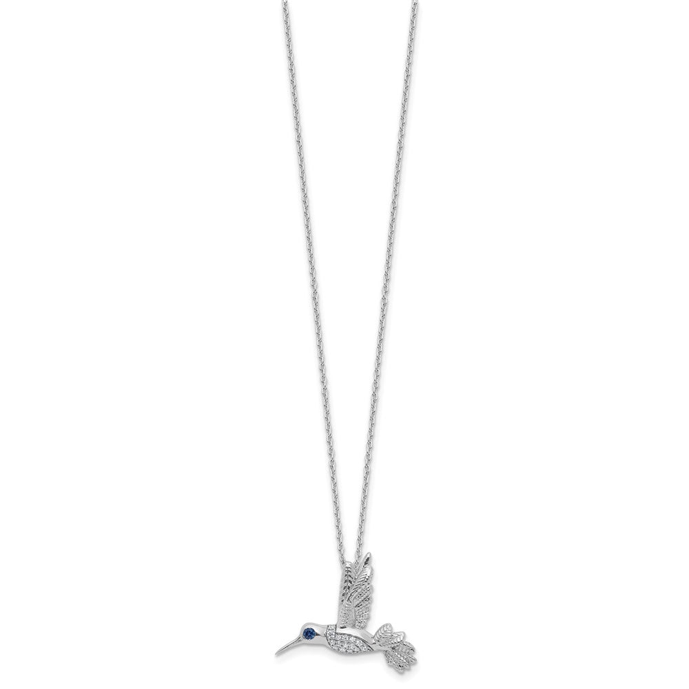SS RH Plt White Ice .01 Dia and Sapphire Hummingbird w/2in ext Necklace