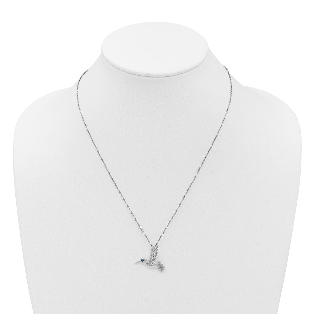 SS RH Plt White Ice .01 Dia and Sapphire Hummingbird w/2in ext Necklace