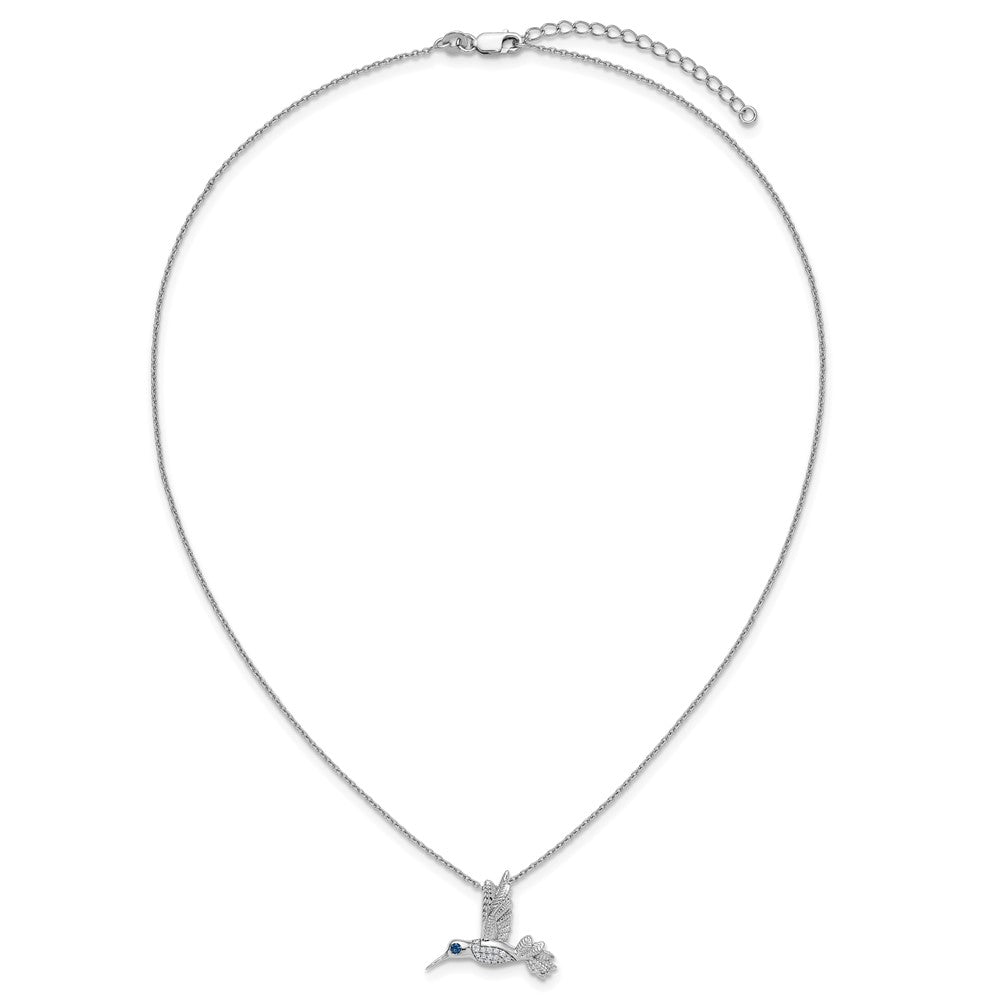 SS RH Plt White Ice .01 Dia and Sapphire Hummingbird w/2in ext Necklace