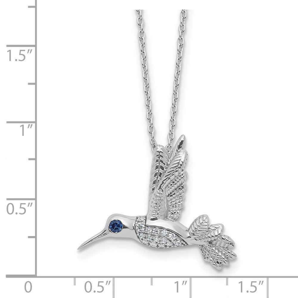 SS RH Plt White Ice .01 Dia and Sapphire Hummingbird w/2in ext Necklace