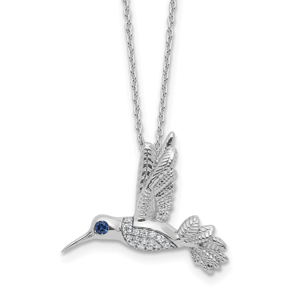 SS RH Plt White Ice .01 Dia and Sapphire Hummingbird w/2in ext Necklace