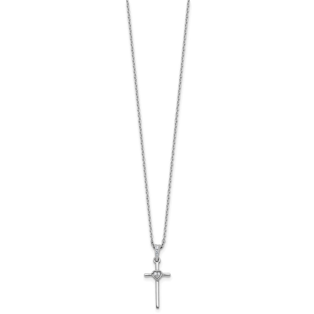 SS RH Plated White Ice .05 Dia Cross Heart w/2in ext. Necklace