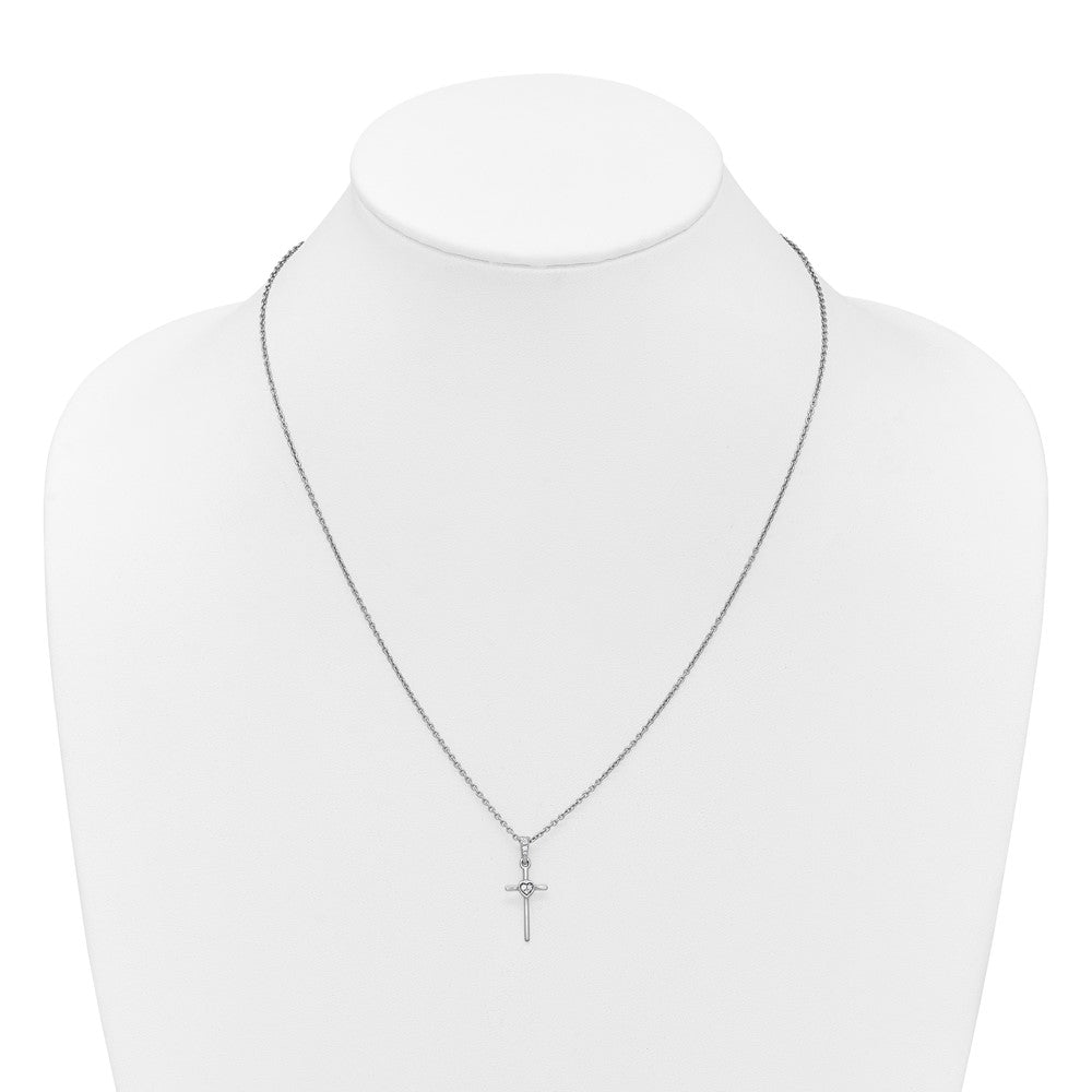 SS RH Plated White Ice .05 Dia Cross Heart w/2in ext. Necklace