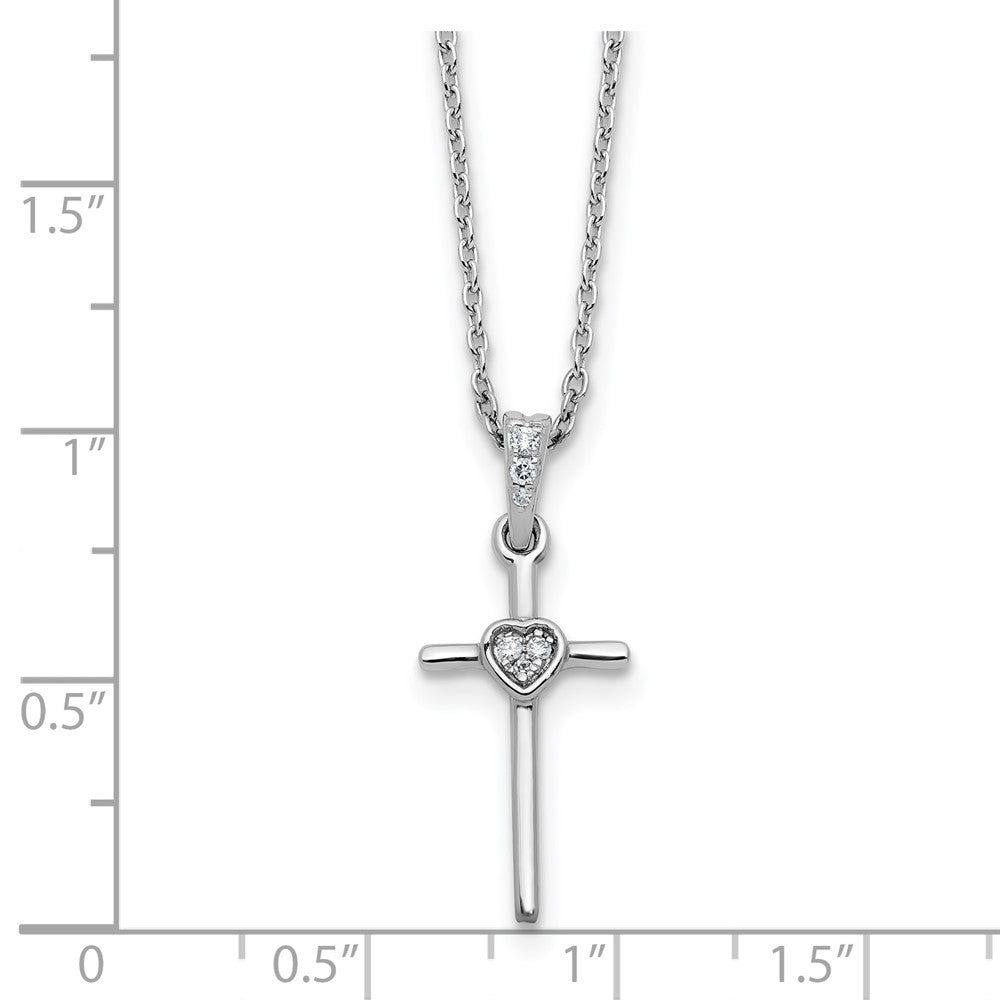 SS RH Plated White Ice .05 Dia Cross Heart w/2in ext. Necklace