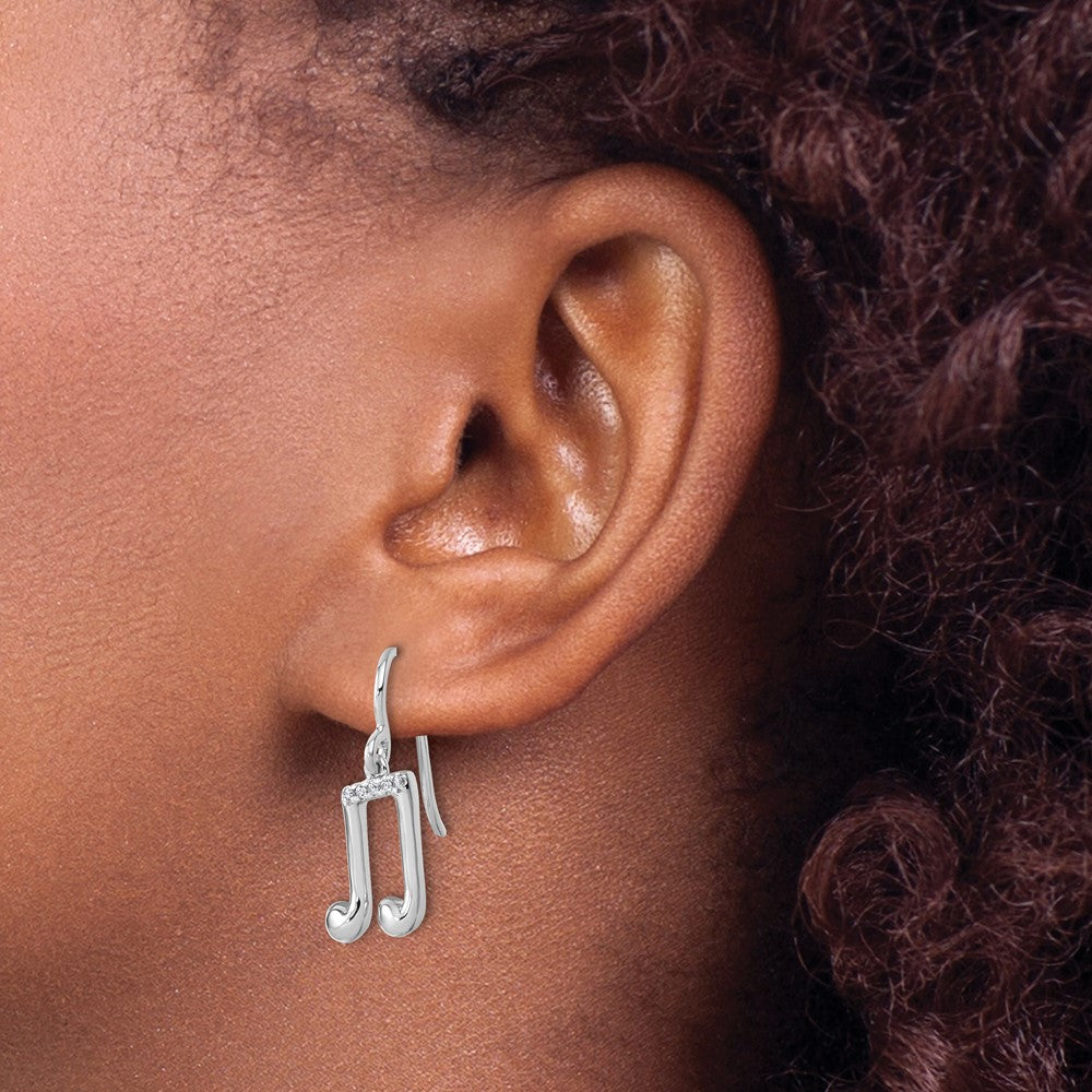 SS RH Plated White Ice .08 Diamond Music Note Dangle Earrings