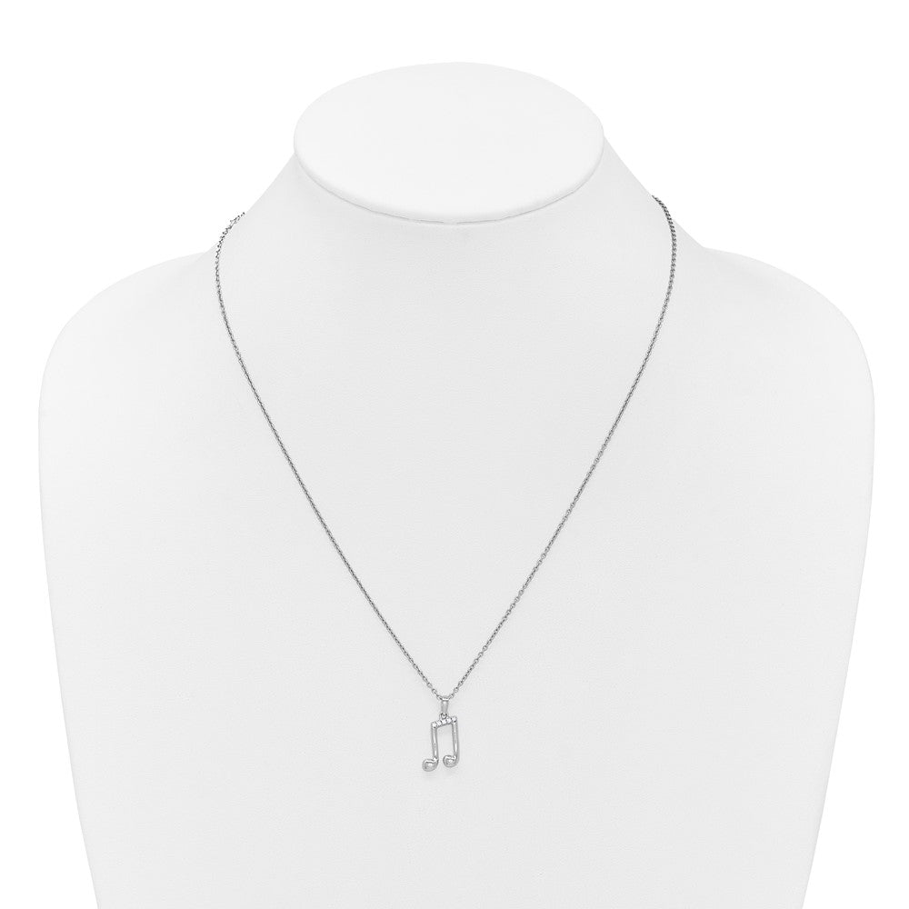 SS RH Plated White Ice .05 Dia Music Note w/2in ext. Necklace