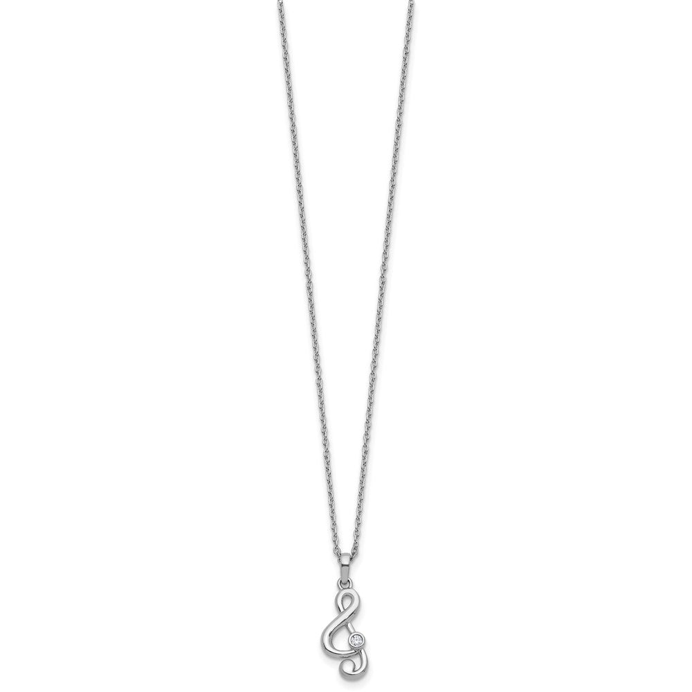 SS RH Plated White Ice .03 Dia Treble Clef w/2in ext. Necklace