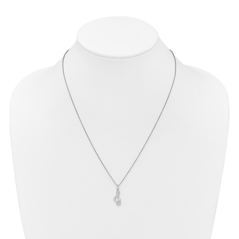 SS RH Plated White Ice .03 Dia Treble Clef w/2in ext. Necklace