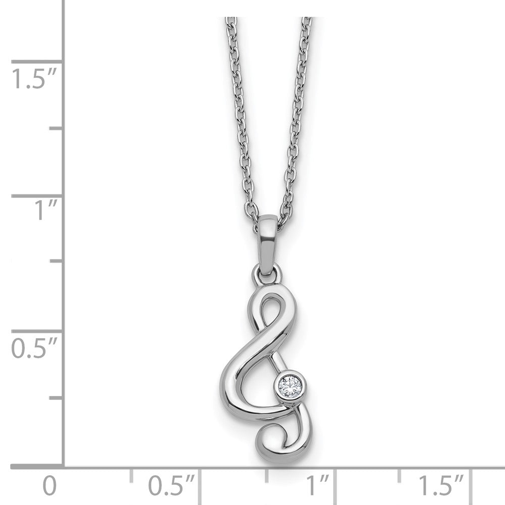 SS RH Plated White Ice .03 Dia Treble Clef w/2in ext. Necklace