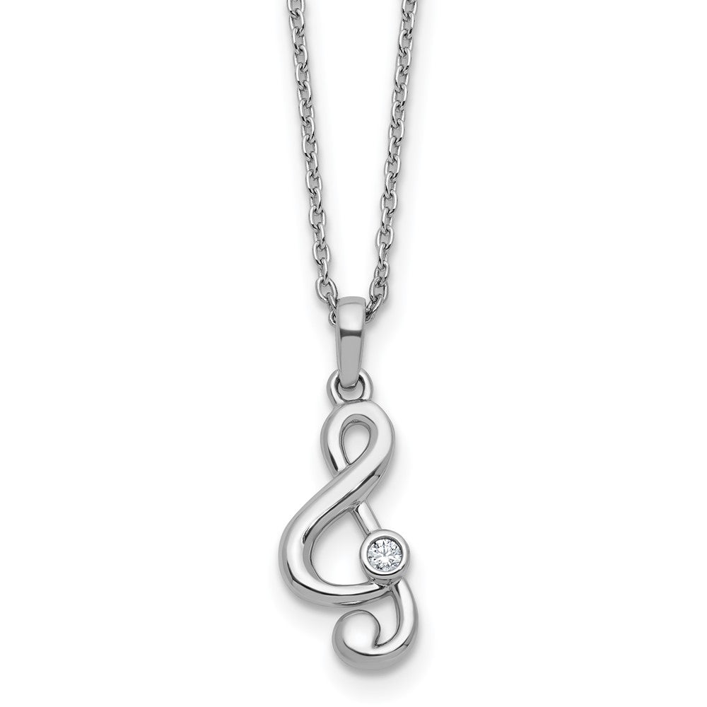 SS RH Plated White Ice .03 Dia Treble Clef w/2in ext. Necklace
