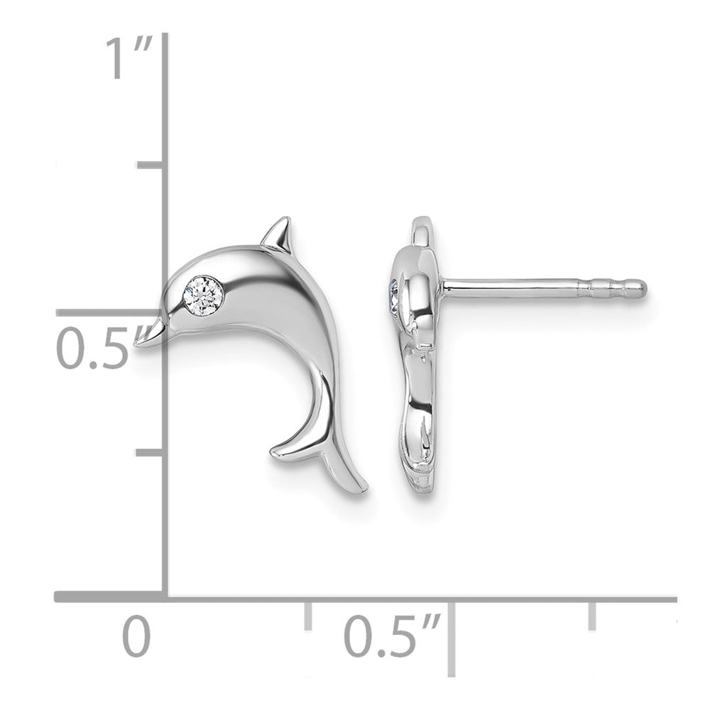Sterling Silver RH Plated White Ice .05 Dia Dolphin Post Earrings