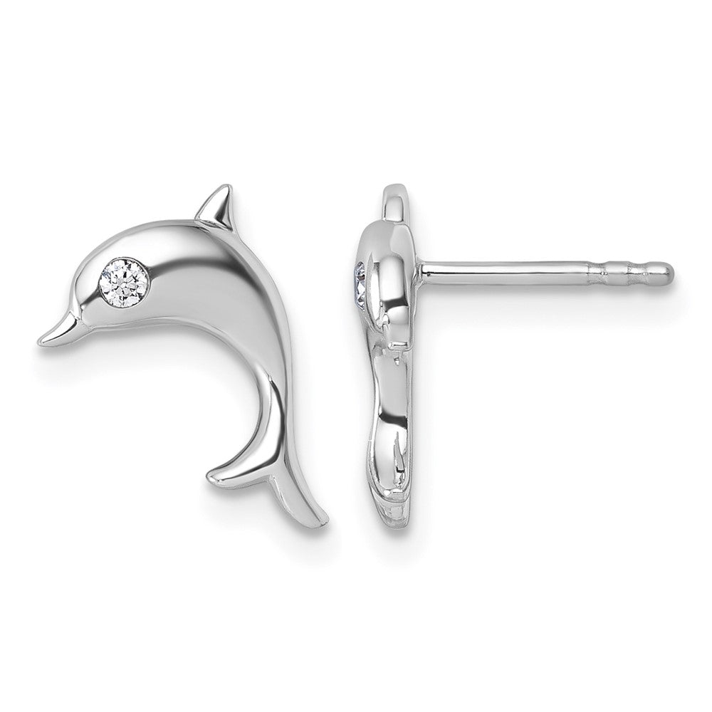 Sterling Silver RH Plated White Ice .05 Dia Dolphin Post Earrings