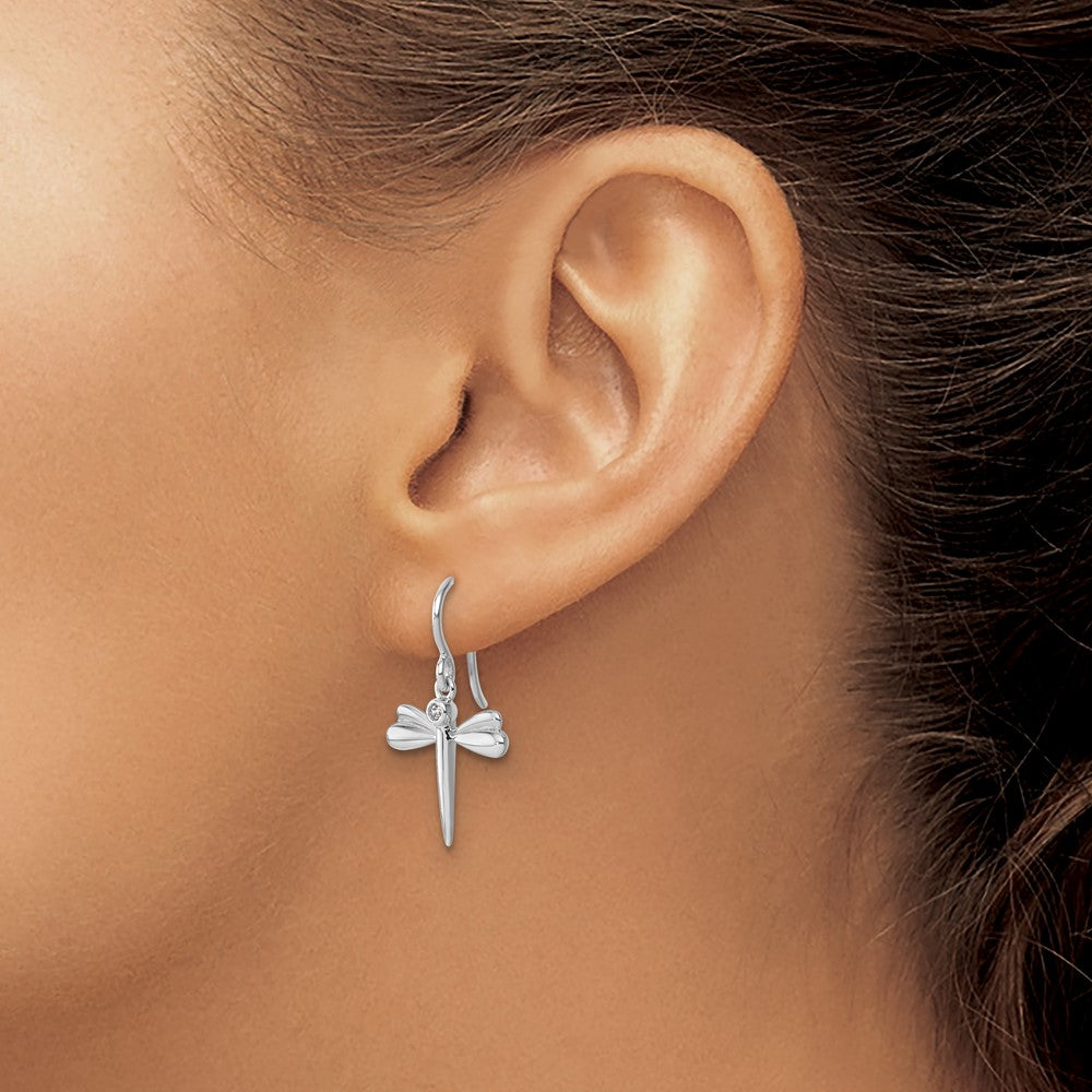 Sterling Silver RH Plated White Ice .05 Dia Dragonfly Dangle Earrings