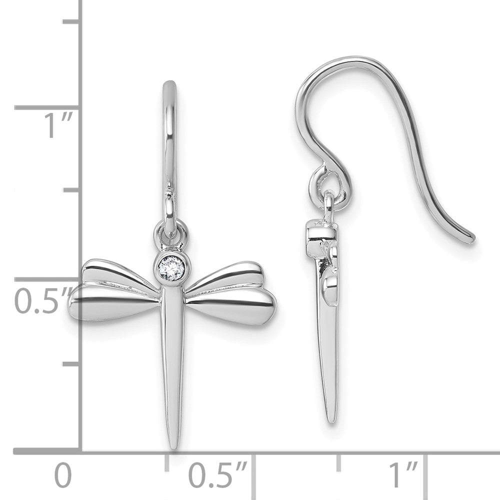 Sterling Silver RH Plated White Ice .05 Dia Dragonfly Dangle Earrings