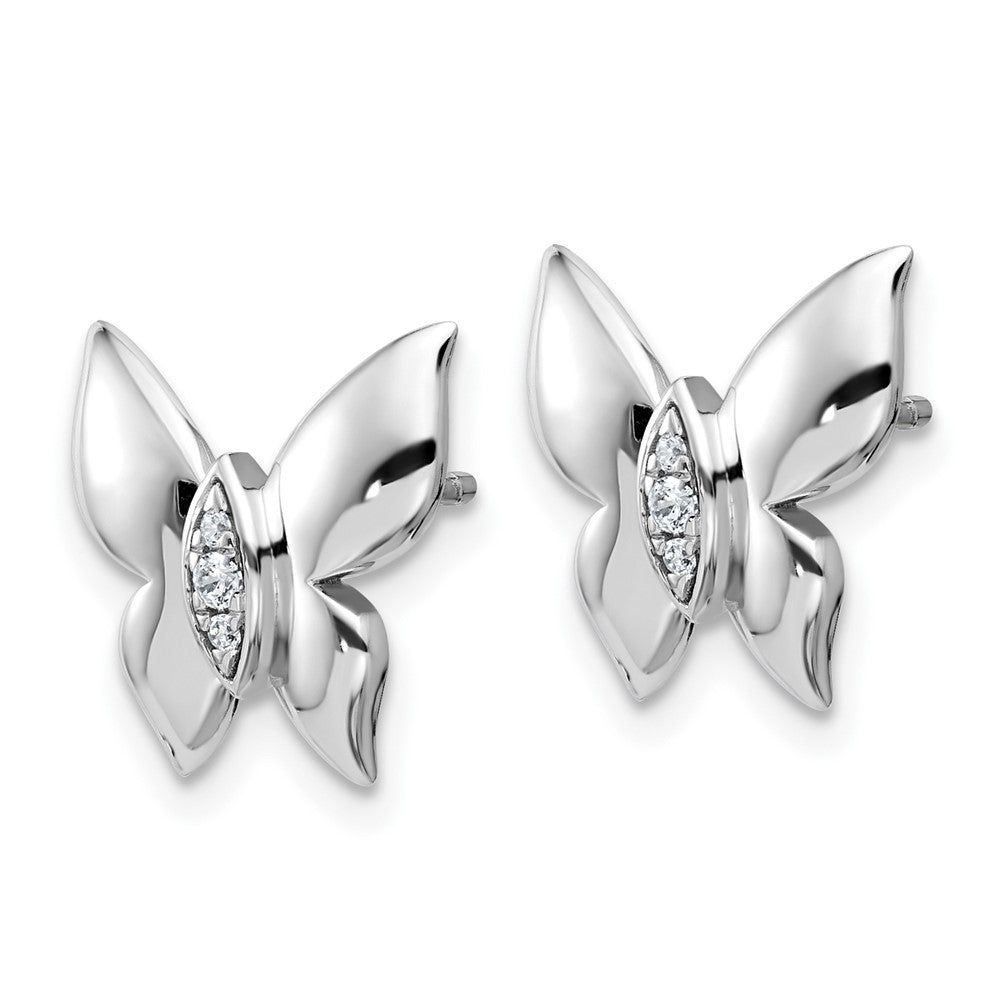 Sterling Silver RH Plated White Ice .05 Dia Butterfly Post Earrings
