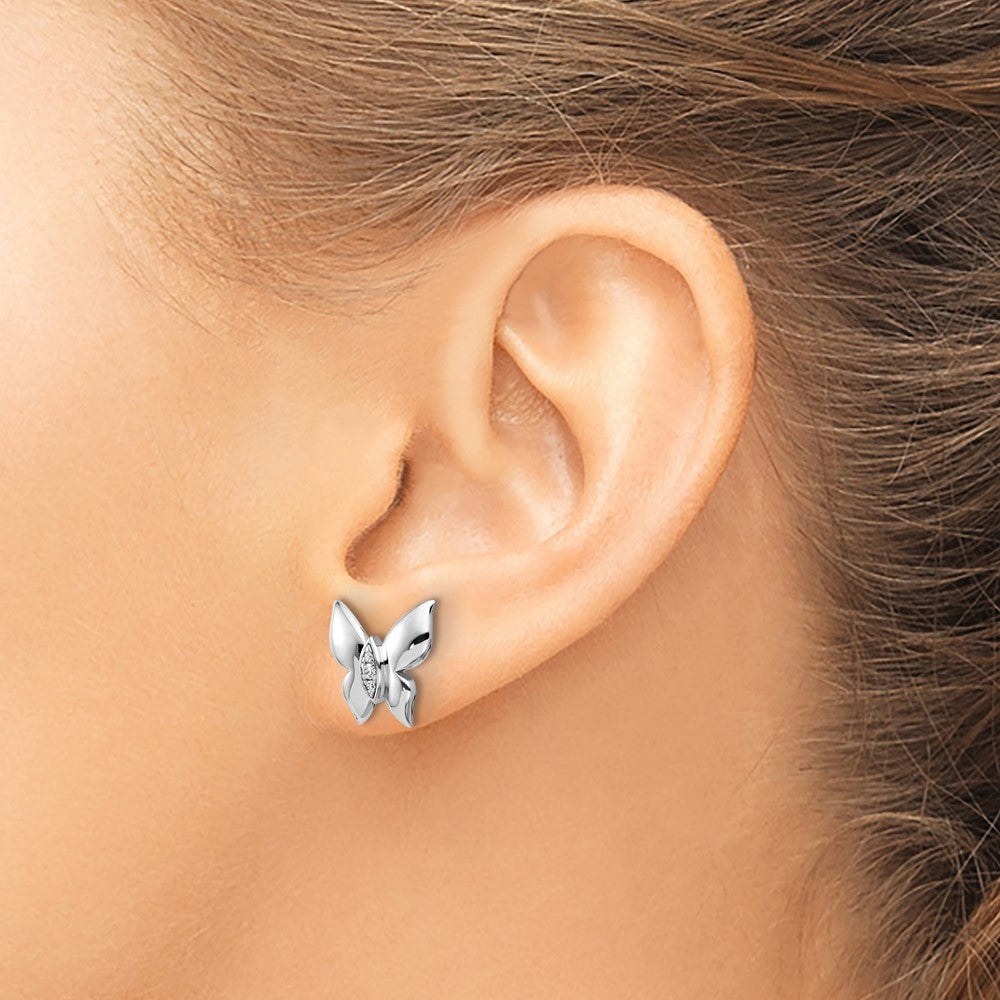 Sterling Silver RH Plated White Ice .05 Dia Butterfly Post Earrings