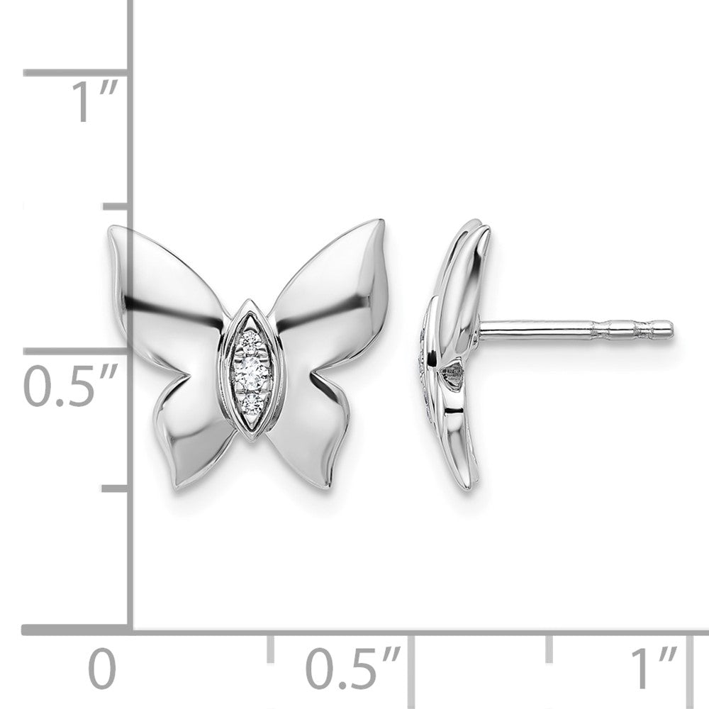 Sterling Silver RH Plated White Ice .05 Dia Butterfly Post Earrings