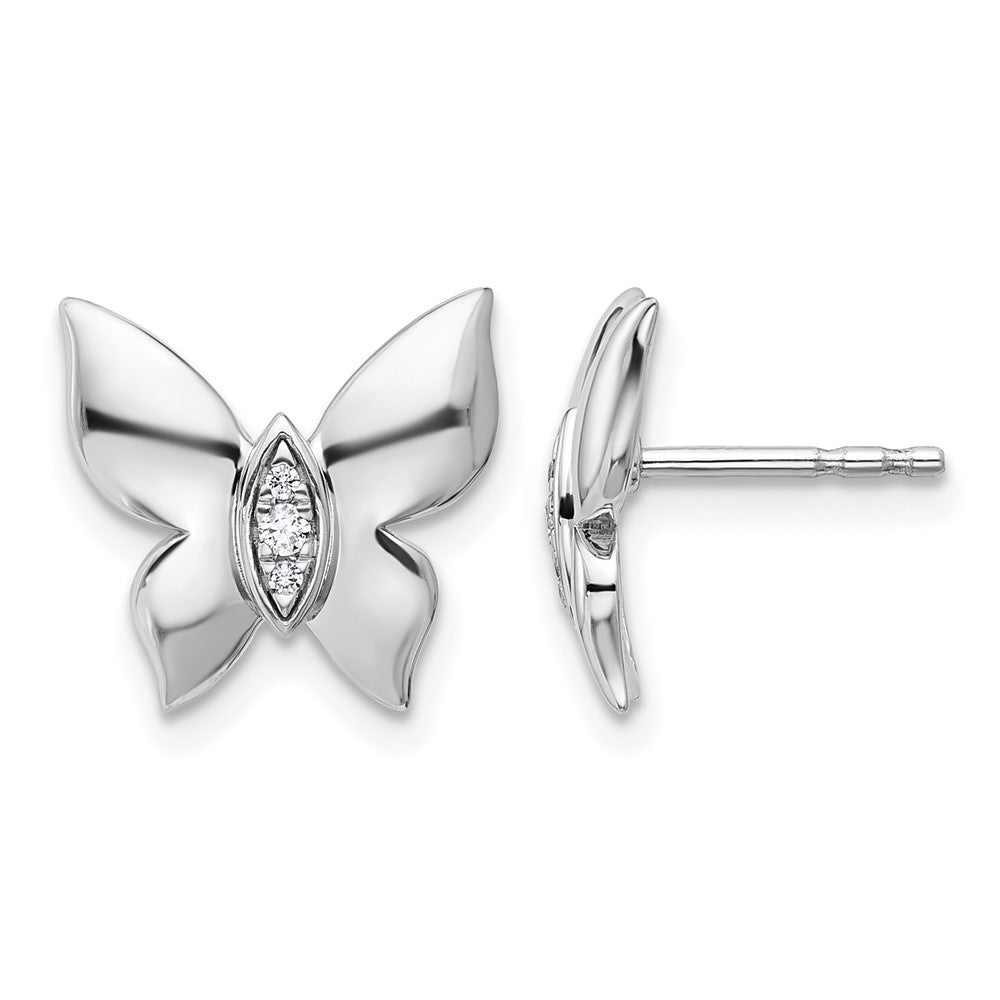 Sterling Silver RH Plated White Ice .05 Dia Butterfly Post Earrings