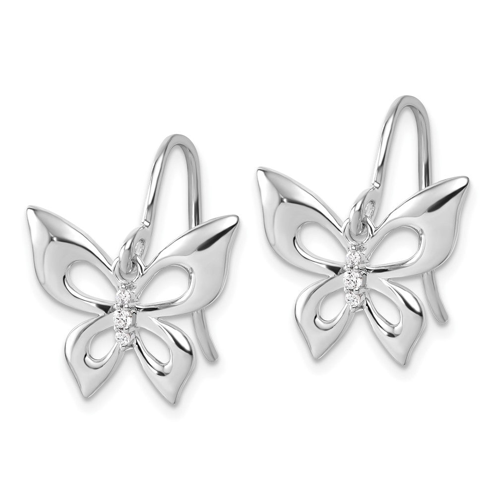 Sterling Silver RH Plated White Ice .05 Dia Butterfly Dangle Earrings