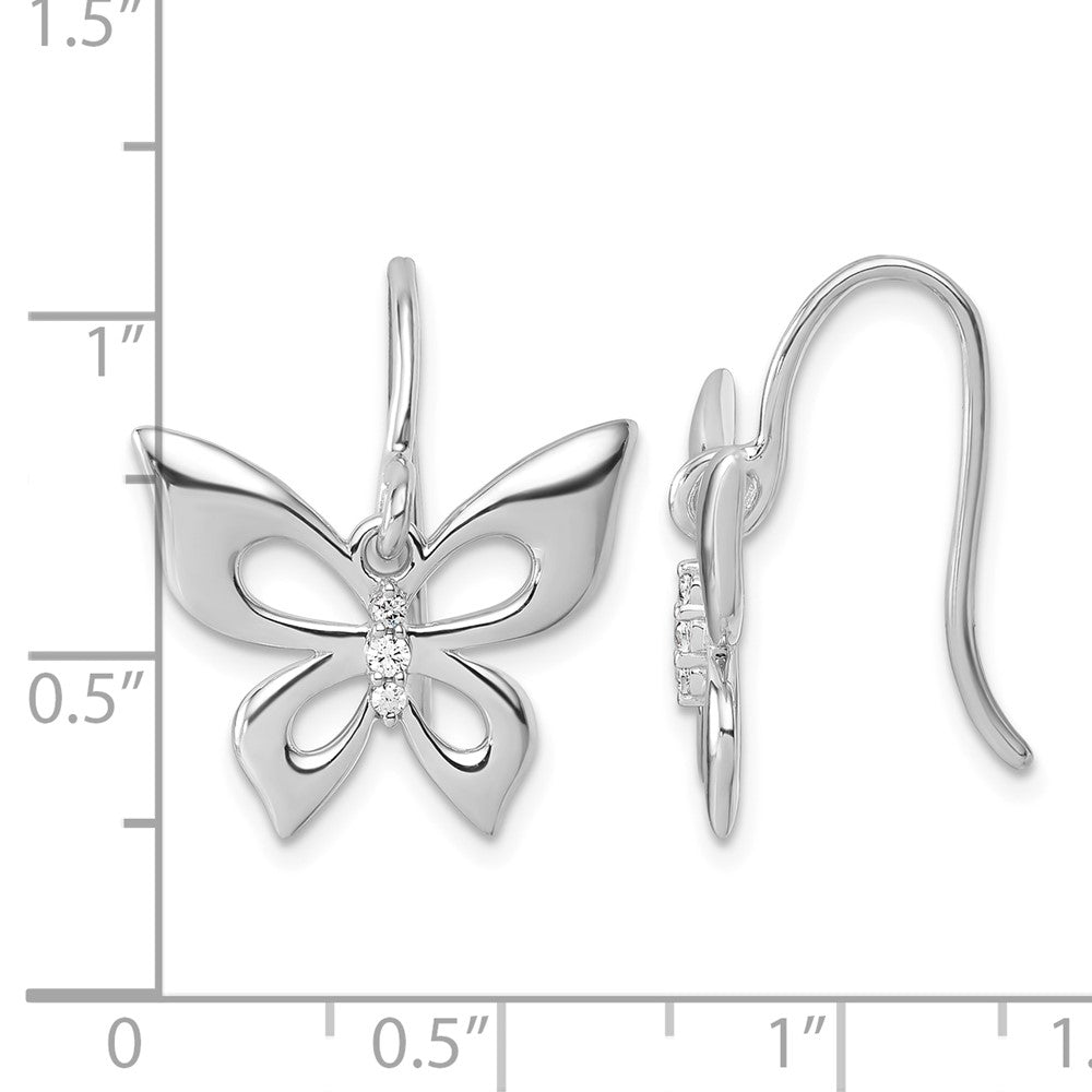 Sterling Silver RH Plated White Ice .05 Dia Butterfly Dangle Earrings