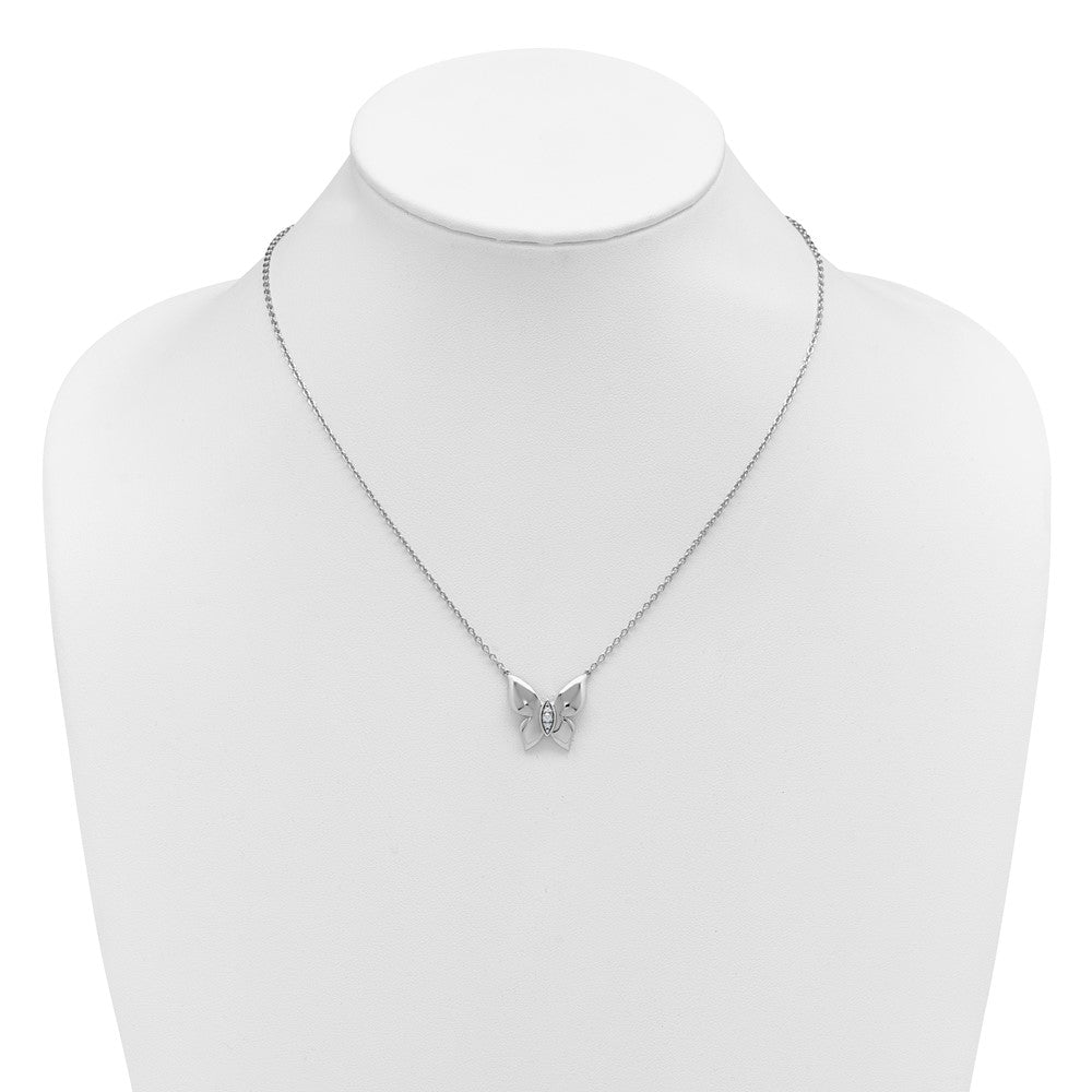 Sterling Silver RH Plated White Ice .05 Diamond Butterfly Necklace