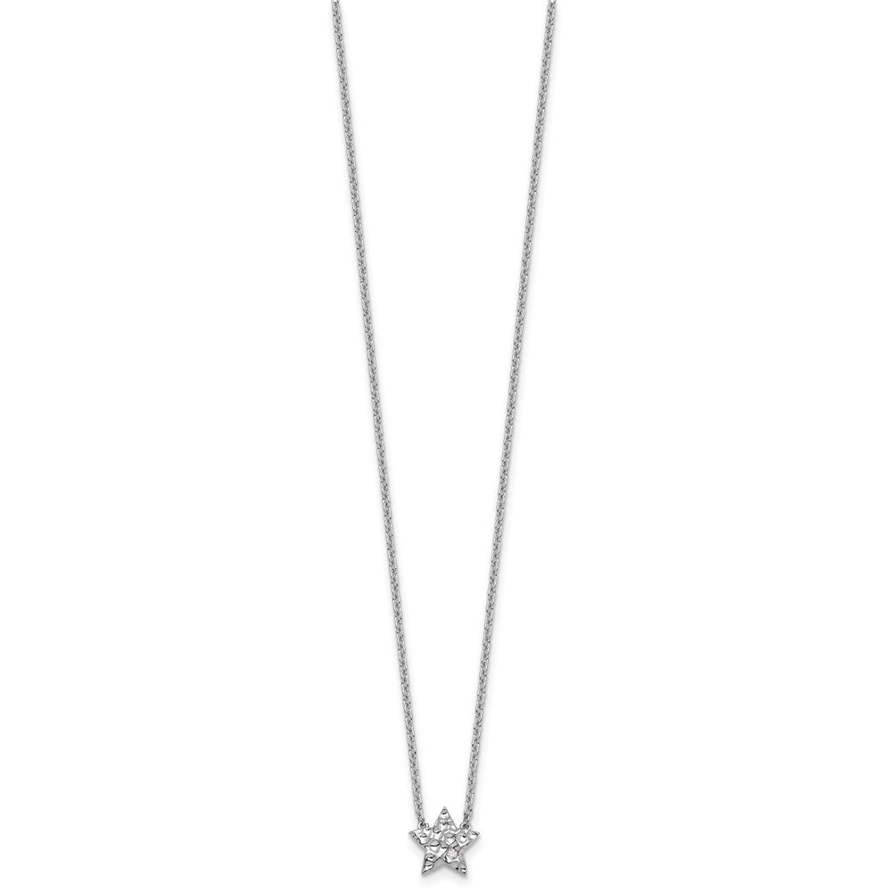 Sterling Silver RH Plated White Ice .01 Dia Textured Star Necklace