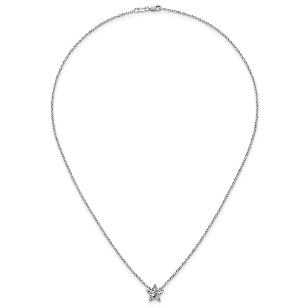 Sterling Silver RH Plated White Ice .01 Dia Textured Star Necklace