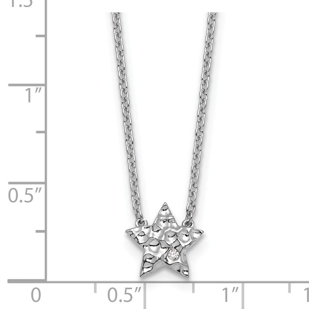 Sterling Silver RH Plated White Ice .01 Dia Textured Star Necklace