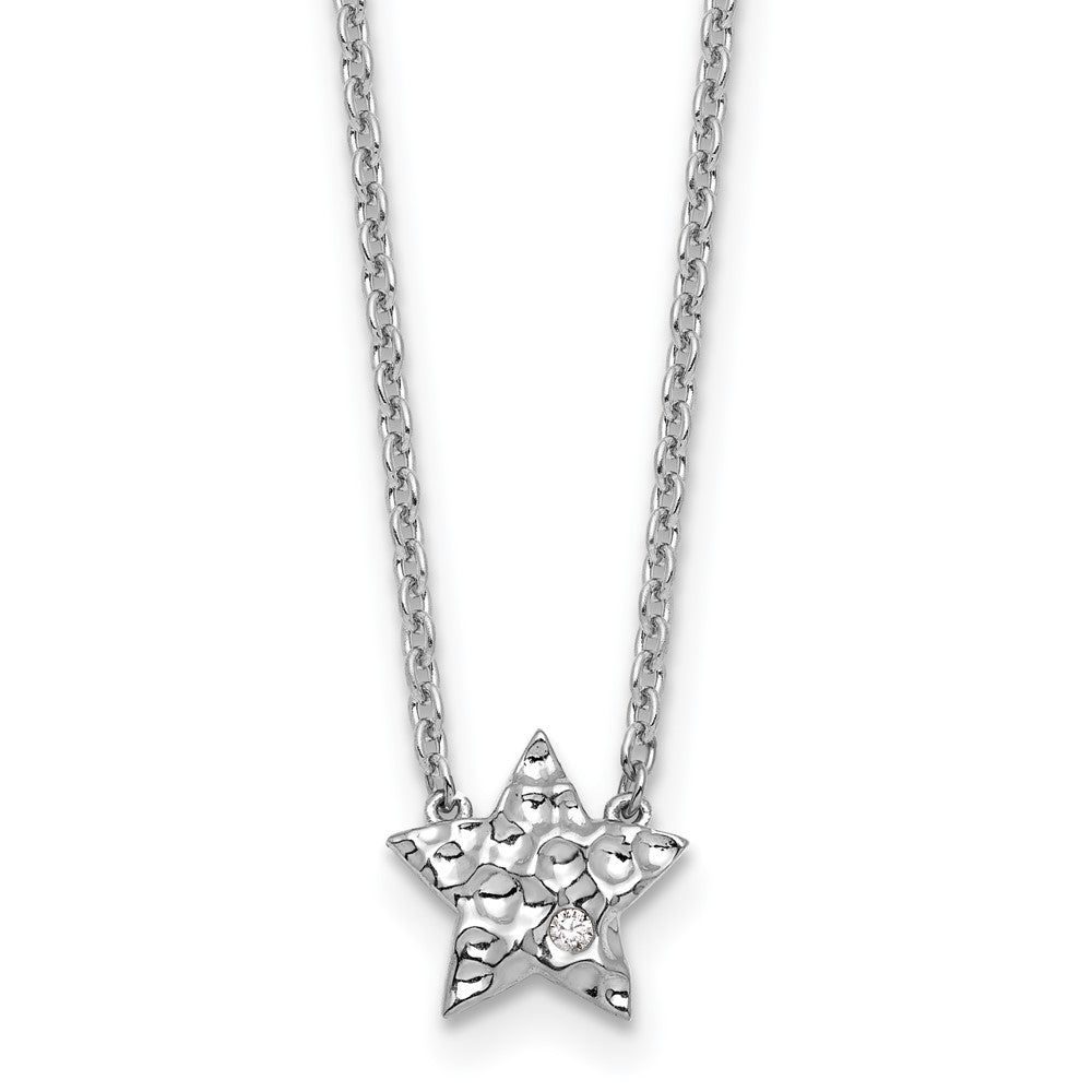 Sterling Silver RH Plated White Ice .01 Dia Textured Star Necklace