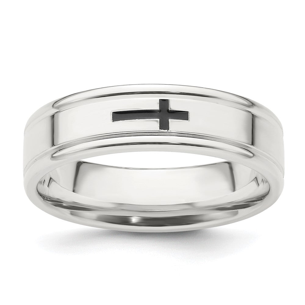 Sterling Silver 6mm Enamel Cross Fancy Band