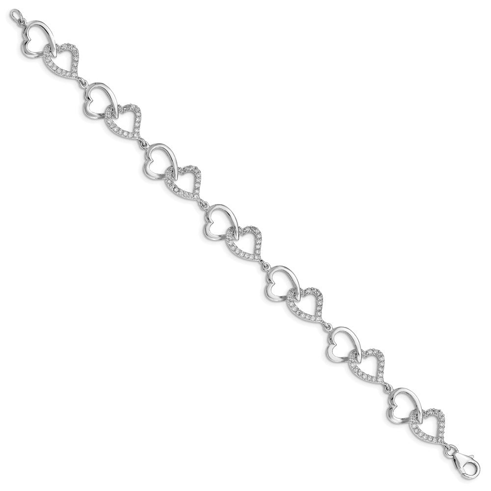 Sterling Silver Rhodium-plated Open Heart and CZ Heart Links Bracelet